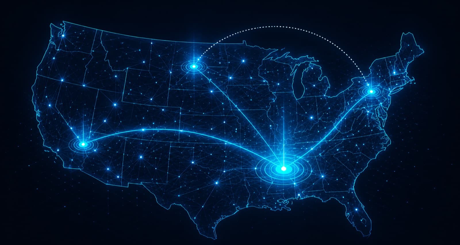 Hadlo's US voice network — routed signal paths between city nodes